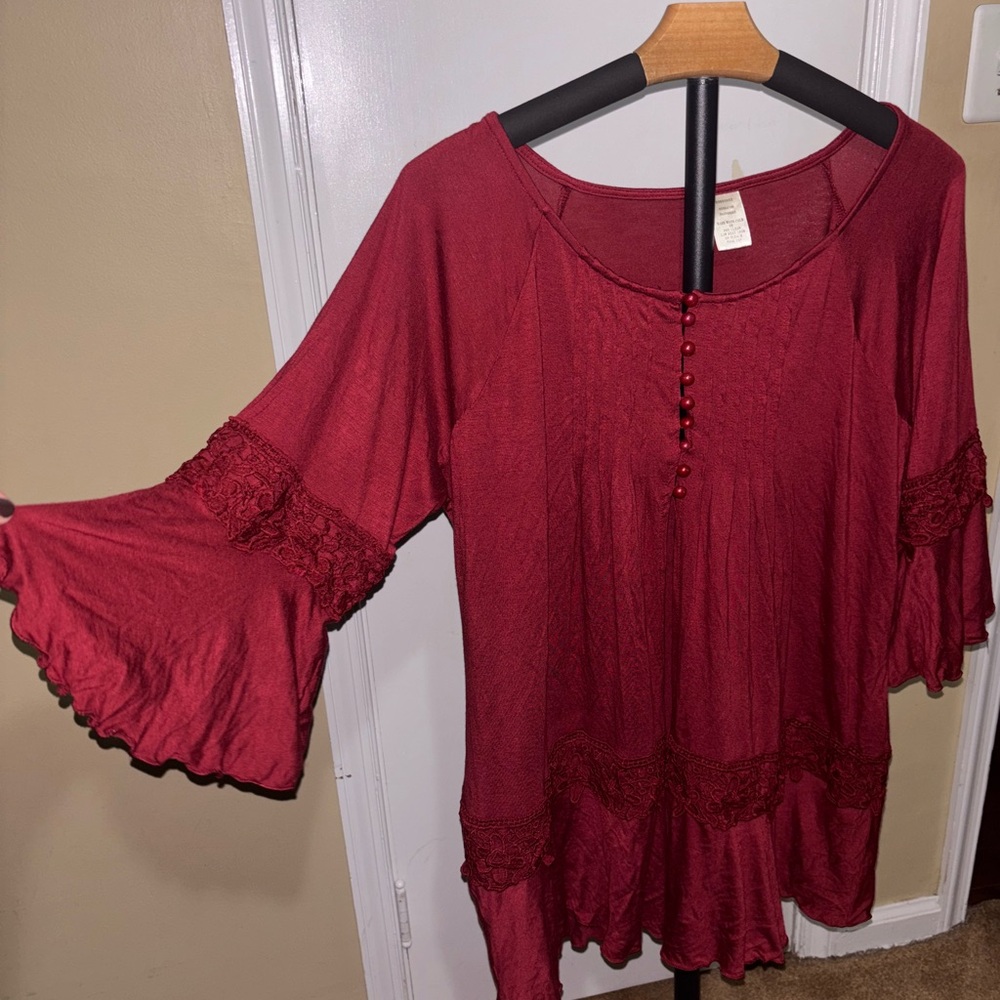 Chic Burgundy Women's Blouse with Flared Sleeves
